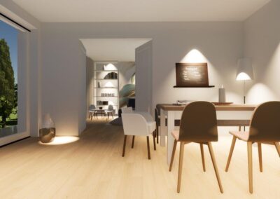 Offenes, gemütliches Esszimmer mit Holzboden und Blick ins Grüne