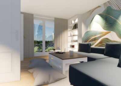 Gemütliches Wohnzimmer mit blauem Sofa und Tapete mit Blick ins Grüne