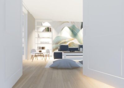 Flügeltür mit Blick ins Wohnzimmer mit Tapete mit Blättern
